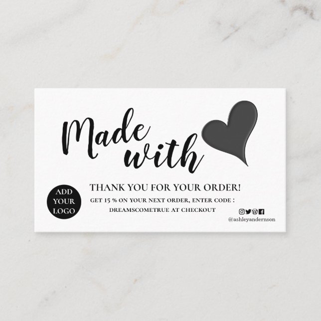 Carte De Visite Elégant Noir et blanc merci fait avec amour (Devant)