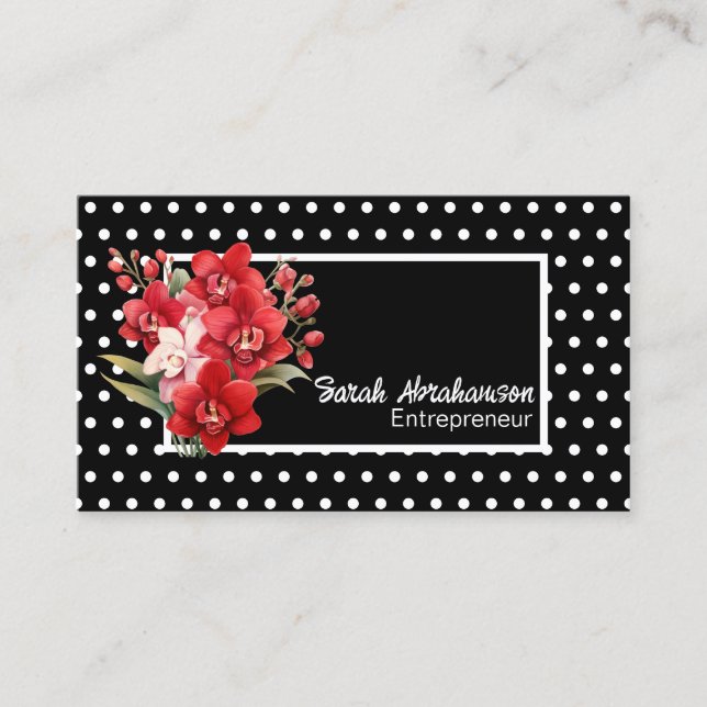 Carte De Visite Élégant noir et blanc Polka Dot Floral (Devant)