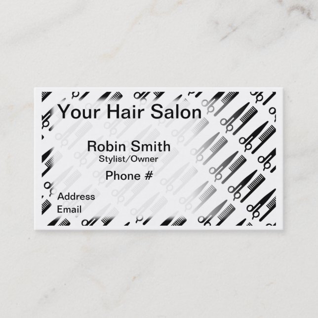 Carte De Visite Elégant noir et blanc pour salon de coiffure & Sty (Devant)