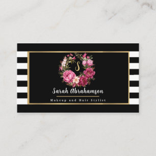 Carte De Visite Élégant noir et blanc rayé floral