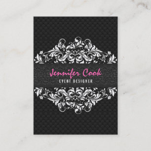 Carte De Visite Elégant noir et blanc Vintage dentelle florale 2a