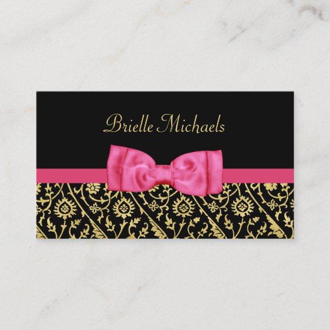 Carte De Visite Elégant noir et Faux or Damas Hot Pink Bow (Devant)