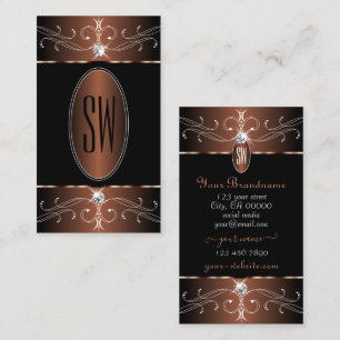 Carte De Visite Élégant noir et ornement Brown Monogramme