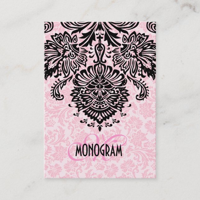Carte De Visite Élégant noir et rose des Damas florales (Devant)