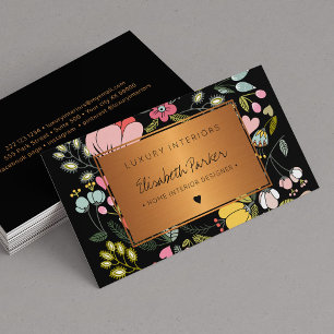 Carte De Visite Elégant noir et rose pastel intérieur fleuri