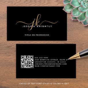 Carte De Visite Élégant noir Monogramme Initiales de script QR Cod