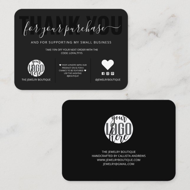 Carte De Visite Élégant noir noir noir logo logo Merci client (Devant / Derrière)