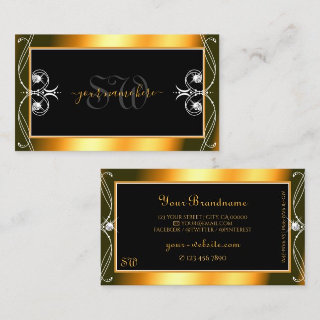 Carte De Visite Élégant noir orange brillant Diamants Monogramme (Devant / Derrière)
