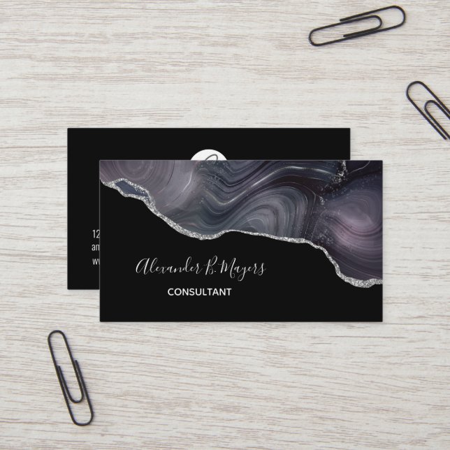 Carte De Visite Élégant noir Parties scintillant argent Agate Géod (Devant/Arrière en situation)
