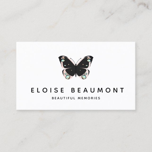 Carte De Visite Élégant Noir Rose Butterfly, planificateur d'événe (Devant)