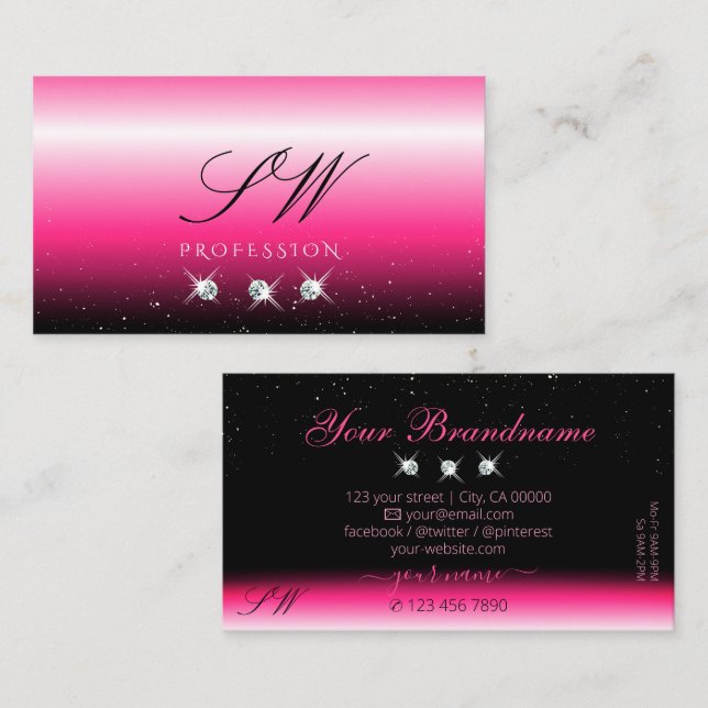 Carte De Visite Élégant noir rose ombre sparkle Diamonds Initiales (Devant / Derrière)