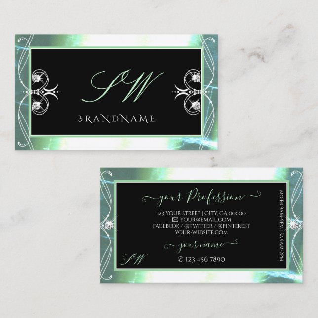 Carte De Visite Élégant Noir Turquoise Éparké Bijoux Initiales Orn (Devant / Derrière)
