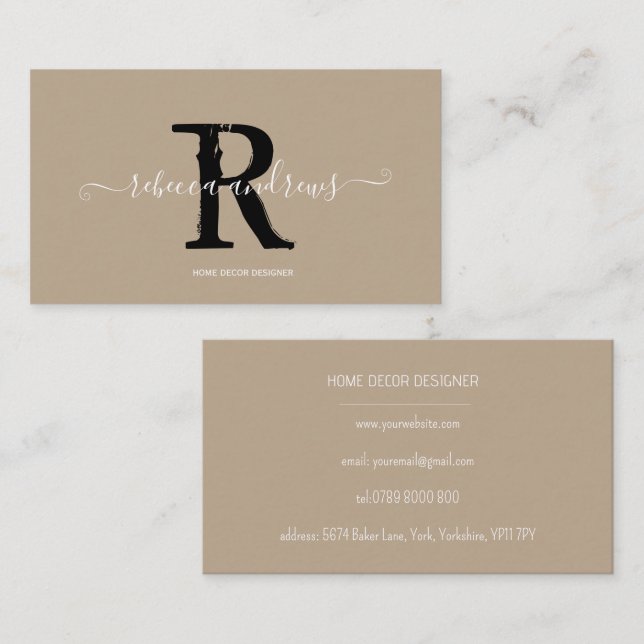 Carte De Visite Élégant Nom du script de monogramme Taupe initiale (Devant / Derrière)