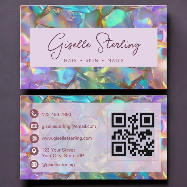 Carte De Visite Elegant Opal Gemstone Modern QR Code (Créateur téléchargé)