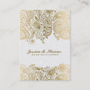 Carte De Visite Elégant Or Et Blanc Paisley 3 Wedding planner