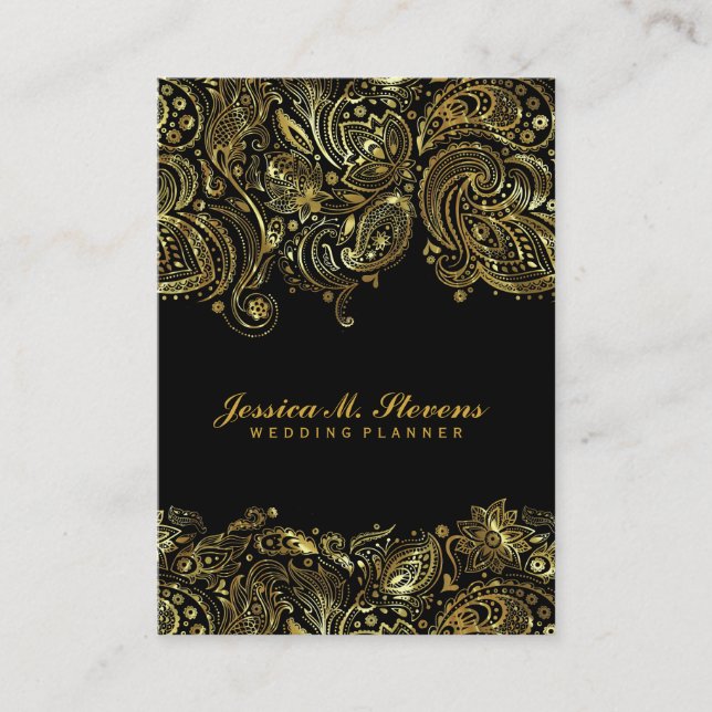 Carte De Visite Elégant Or Et Noir Paisley 3 Wedding planner (Devant)