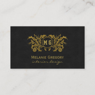 Carte De Visite Élégant or floral noir Monogramme personnalisé