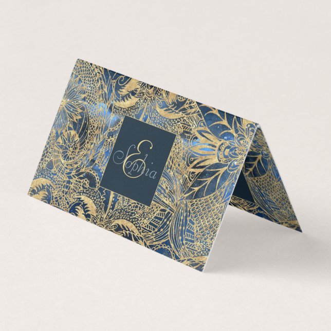 Carte De Visite Elégant or Mandala Fleurs Bleu Nebula (Devant)