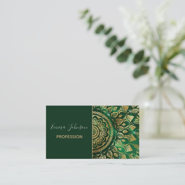 Carte De Visite Élégant or vert Mandala Floral (Debout devant)