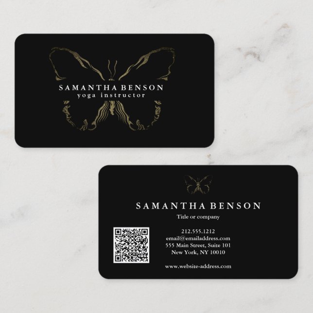 Carte De Visite Élégant papillon moderne code QR noir or script (Devant / Derrière)