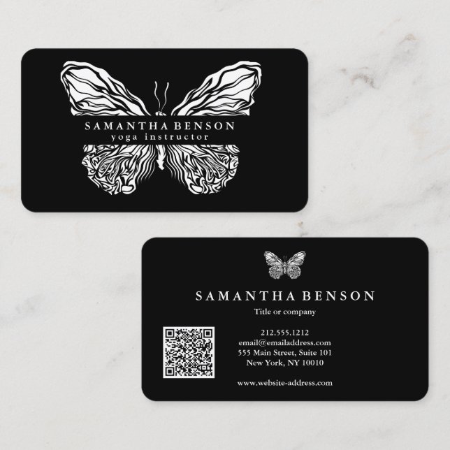 Carte De Visite Élégant papillon moderne code QR noir or script (Devant / Derrière)