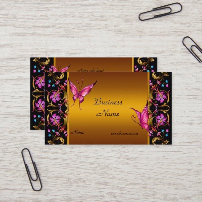 Carte De Visite Élégant Papillon noir rose rose jaune fleuri (Devant/Arrière en situation)
