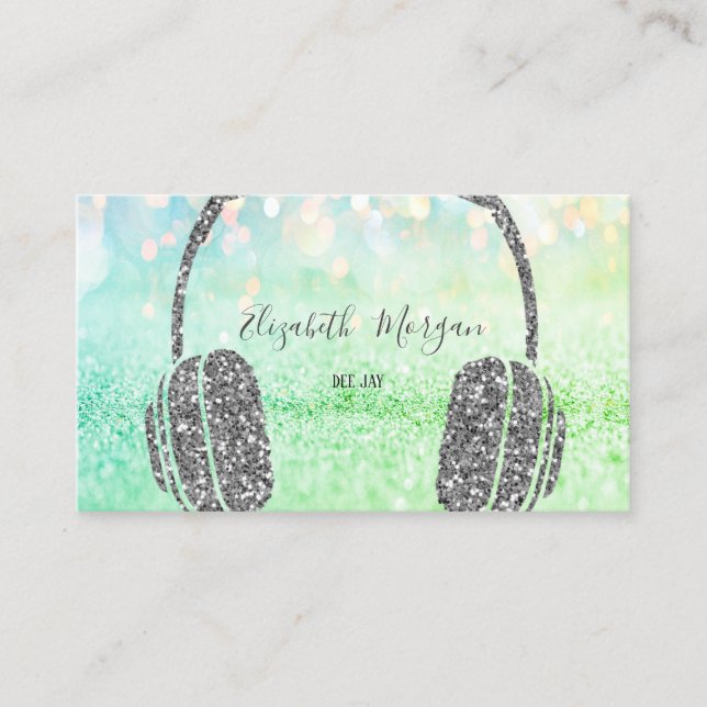 Carte De Visite Elégant Parties scintillant Argent Bokeh casque DJ (Devant)