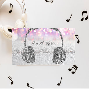 Carte De Visite Elégant Parties scintillant Argent Bokeh casque DJ