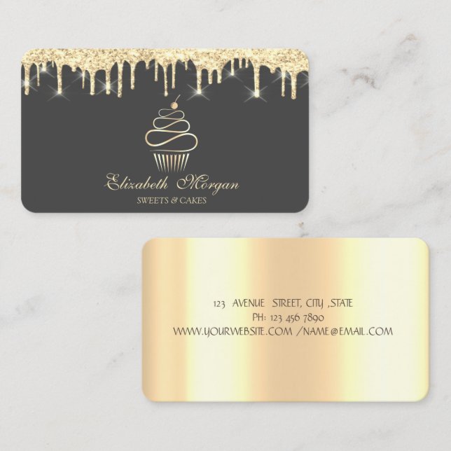 Carte De Visite Élégant Parties scintillant de Cupcake Or (Devant / Derrière)