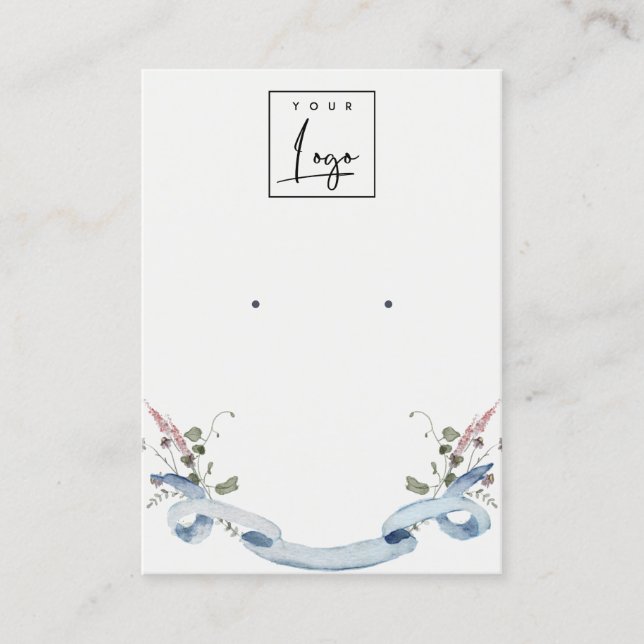 Carte De Visite Élégant Pastel Blue Fleur sauvage ribbon Logo orei (Devant)
