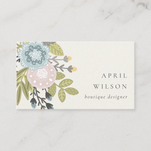 Carte De Visite Élégant Pastel Boho Blush Blue Green Leafy Floral (Devant)