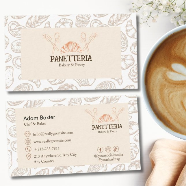 Carte De Visite Elegant Pastry Chef Social Media Icon Beige Bakery (Créateur téléchargé)