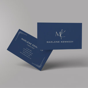 Carte De Visite Élégant Personnalisé Monogramme Argent Marine Bleu