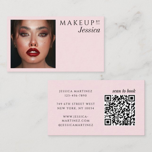 Carte De Visite Elegant Photo Typography Blush Pink QR Code Makeup (Devant / Derrière)