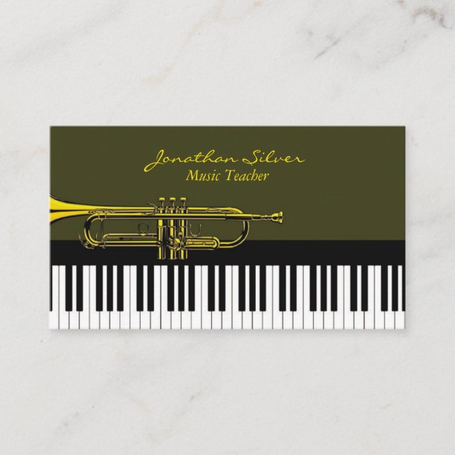 Carte De Visite Élégant Piano Keys & Trumpet Music Enseignant (Devant)