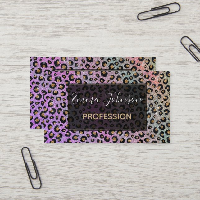 Carte De Visite Elegant Pink Blue Gold Glitter Black Leopard (Devant/Arrière en situation)