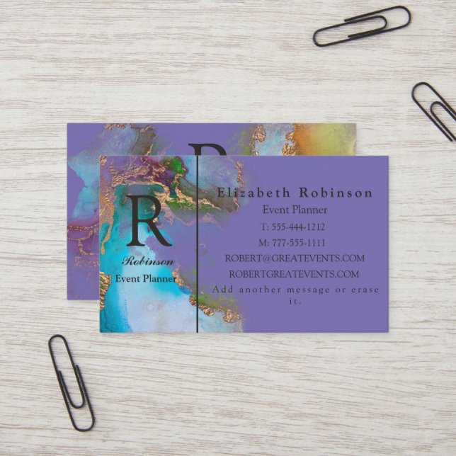 Carte De Visite Élégant professionnel Gold Blue Purple Periwinkle (Devant/Arrière en situation)