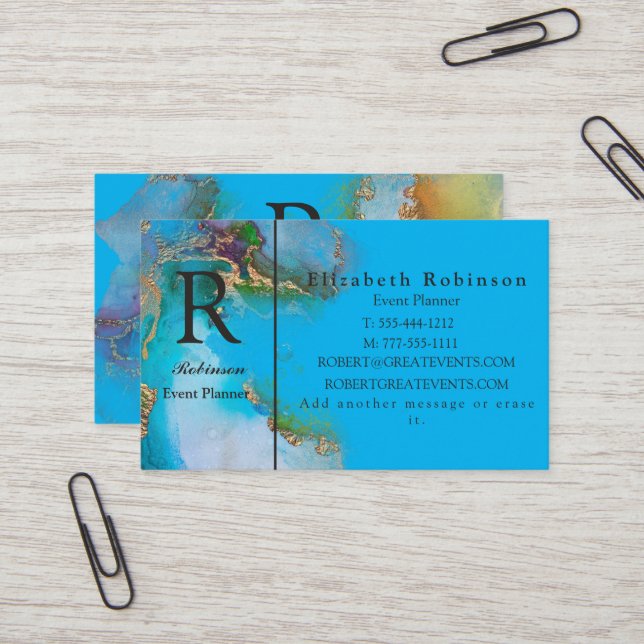 Carte De Visite Élégant professionnel Gold Sky Blue Marble Busines (Devant/Arrière en situation)