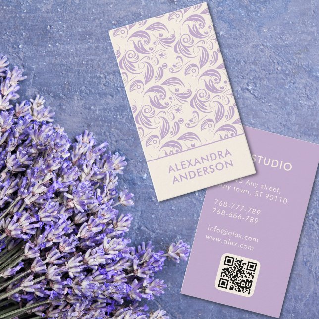 Carte De Visite Élégant Purple Lavender Floral Motif QR Code (Elegant Purple Lavender Floral Pattern QR Code Business Card)