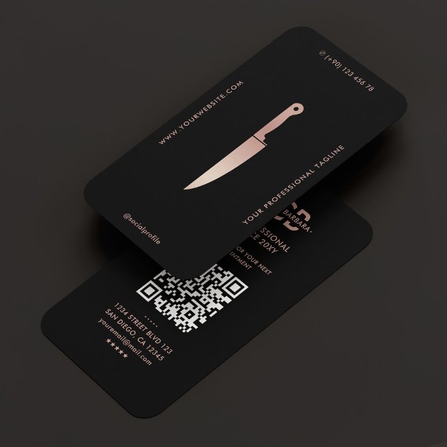Carte De Visite Elégant Restaurant Black Rosegold Chef Couteau (Elegant Restaurant Black Rosegold Chef Knife Business Card
)