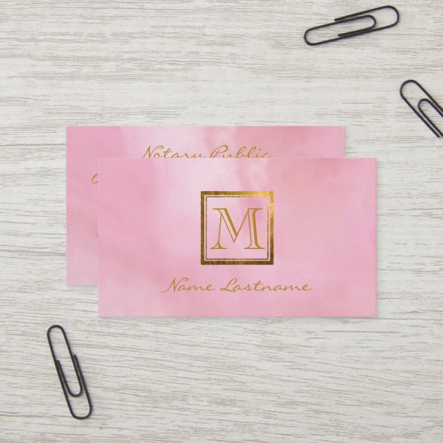 Carte De Visite Elégant rose Aquarelle Laver or Monogramme Notaire (Devant/Arrière en situation)