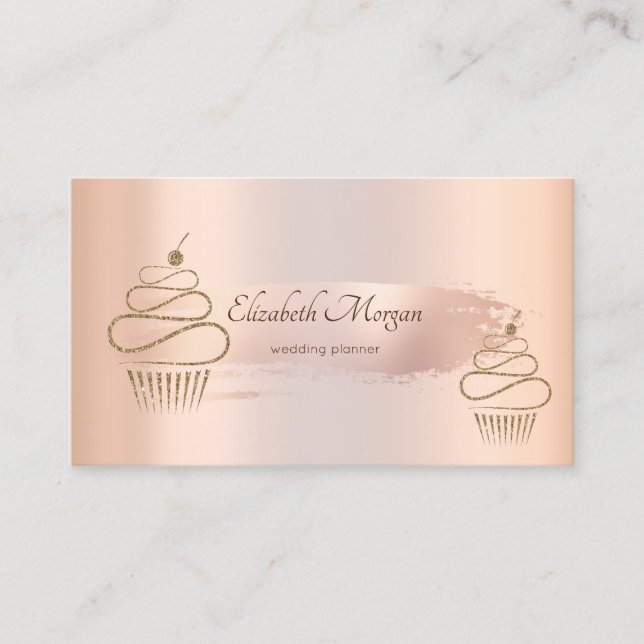 Carte De Visite Élégant Rose Brush Stroke, Gold Cupcakes (Devant)