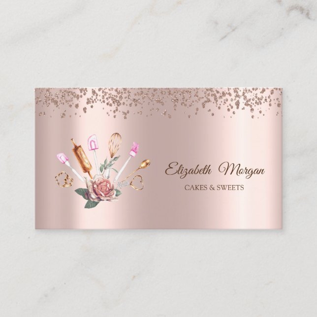 Carte De Visite Élégant Rose Diamants d'or, Fleur, Outils de boula (Devant)