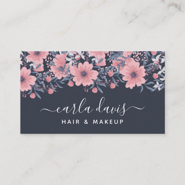Carte De Visite Elégant rose Floral Navy Aquarelle Business (Devant)