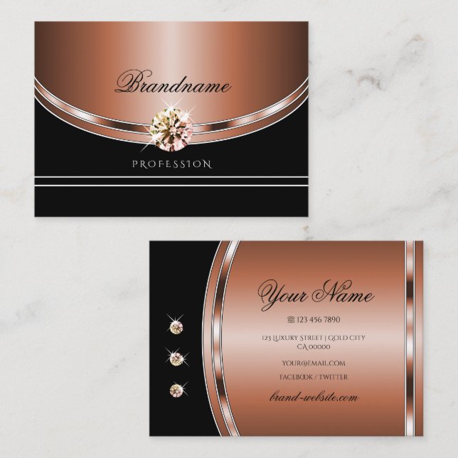 Carte De Visite Elégant Rose Gold Black Faux Rhinestones (Devant / Derrière)