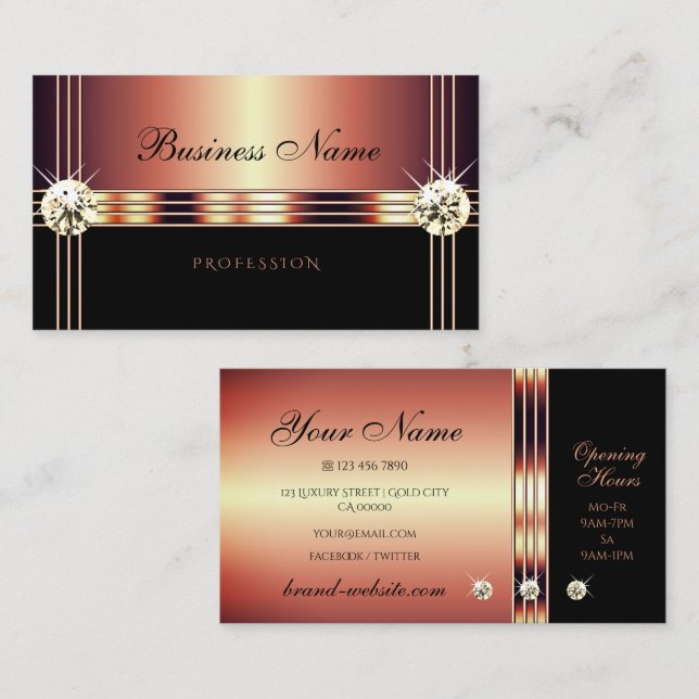 Carte De Visite Elégant Rose Gold et Black avec Faux Rhinestones (Devant / Derrière)