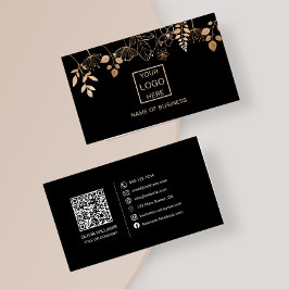 Carte De Visite Elégant Rose Gold Leaf QR Code Social Media Icônes