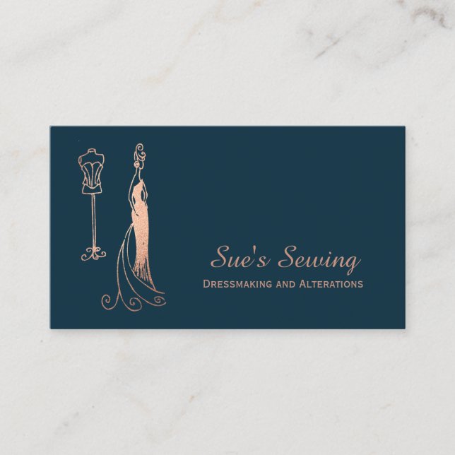 Carte De Visite Elégant Rose Gold Navy Seamstress (Devant)