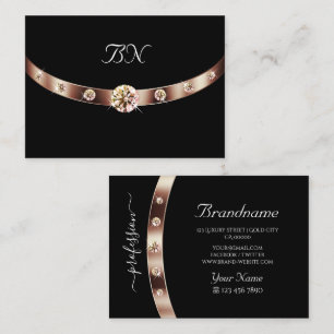 Carte De Visite Élégant Rose Gold Noir avec Monogramme et Diamants