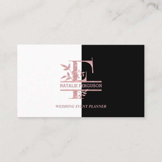 Carte De Visite Élégant Rose Gold Split Custom Monogramme Lettre F (Devant)